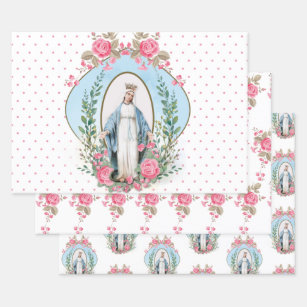 Catholic Virgin Mary Religious  Floral  Wrapping P Wrapping Paper Sheet