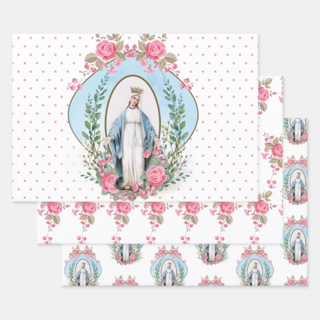 Catholic Virgin Mary Religious  Floral  Wrapping P Wrapping Paper Sheet (Set)