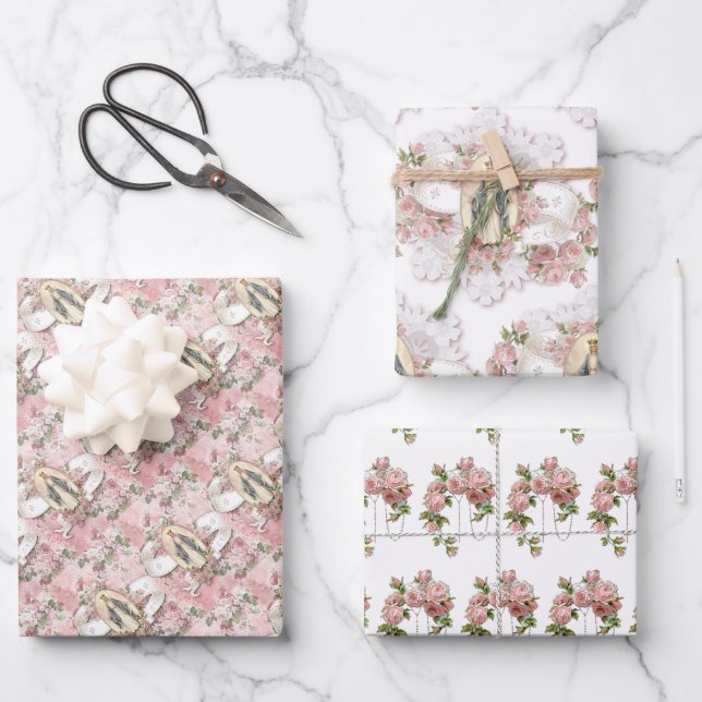 Catholic Virgin Mary Religious  Pink Roses Wrappin Wrapping Paper Sheet (Front)