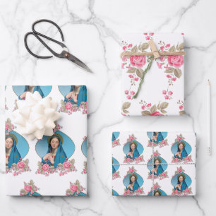 Catholic Virgin Mary Religious  Pink Roses Wrapping Paper Sheet