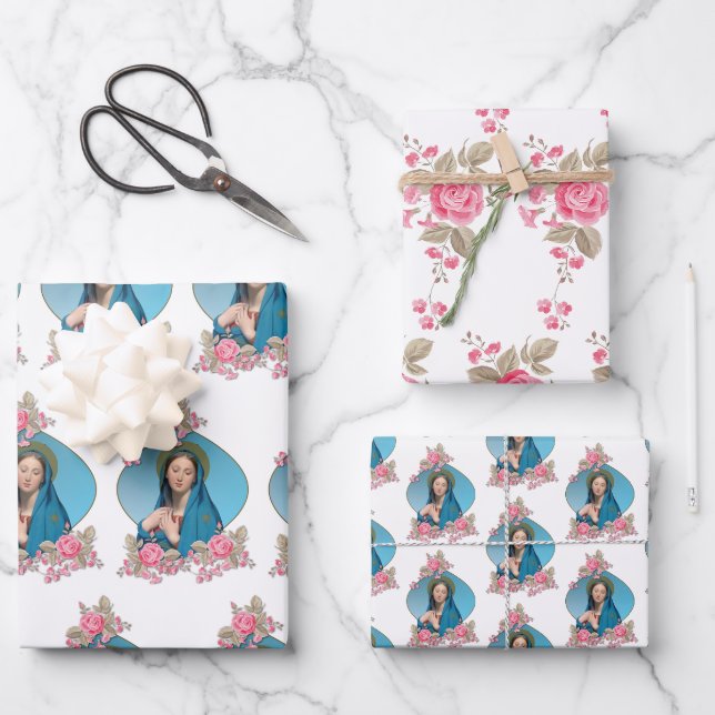 Catholic Virgin Mary Religious  Pink Roses Wrapping Paper Sheet (Front)