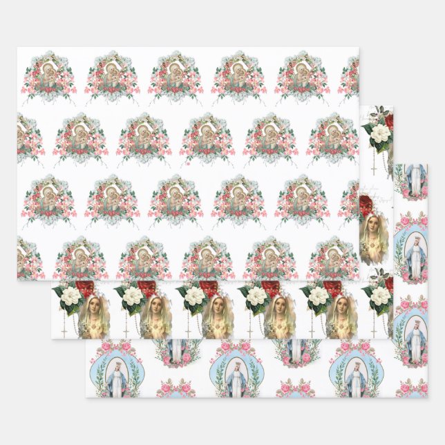 Catholic Virgin Mary Religious Rosary Floral  Wrapping Paper Sheet (Set)