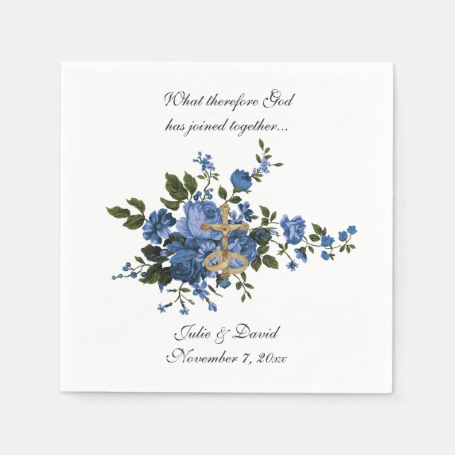 Catholic Wedding Blue Flowers Gold Cross Elegant Napkin (Front)