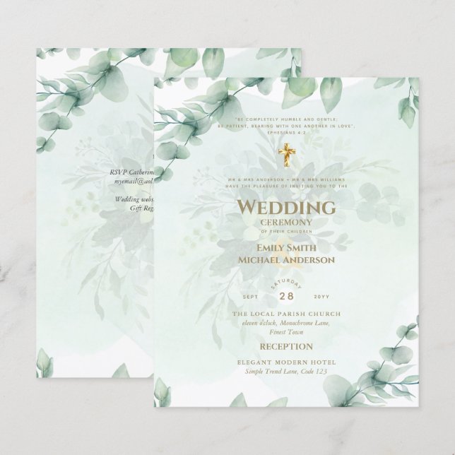 Catholic Wedding Invitation Greenery Botanical (Front/Back)