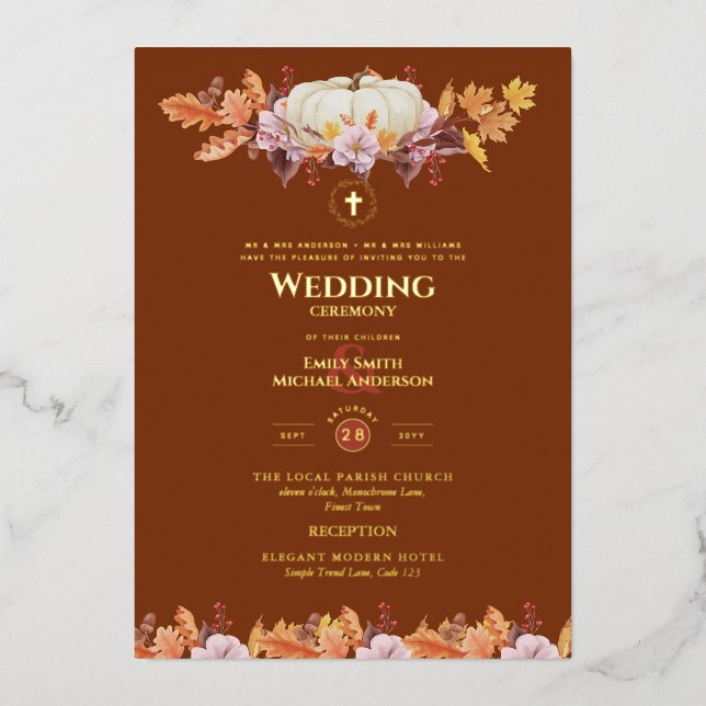 Catholic Wedding Invitations Autumn Fall Pumpkins (Front)