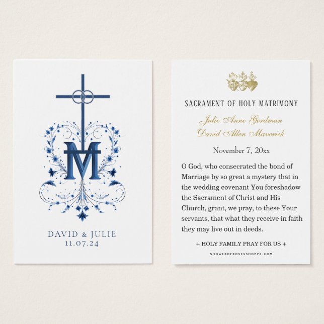  Catholic Wedding Prayer Card Blue Marian Cross (Front & Back)