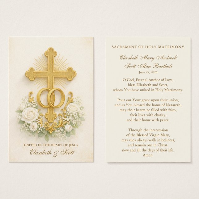 Catholic Wedding Prayer Card  Gold Cross (Devant & derrière)