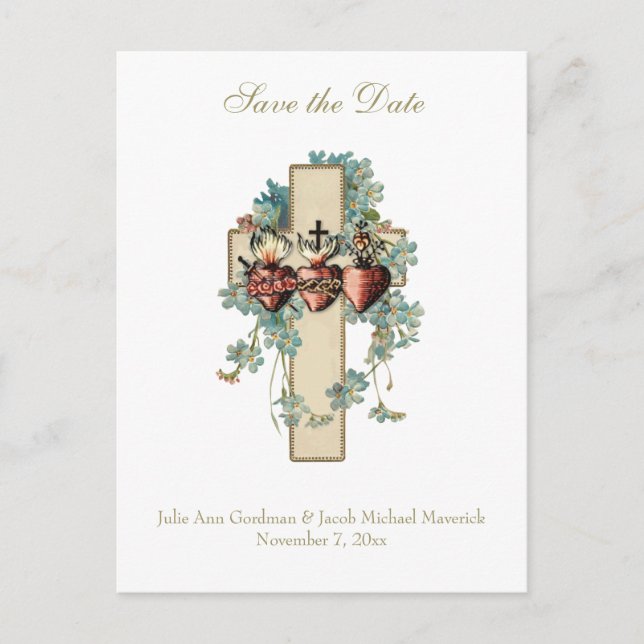 Catholic Wedding Three Hearts Floral Announcement Postcard (Front)