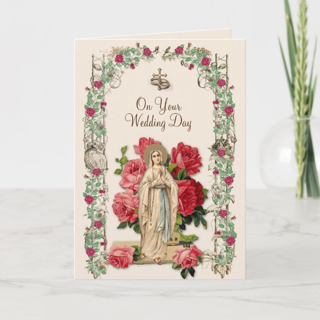 Catholic Wedding Virgin Mary Rosary Vintage Card (Front)