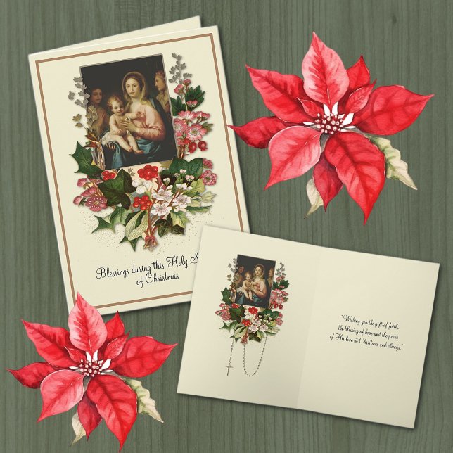 Catholique Vierge Marie Jésus Carte Florale (Traditional Catholic Vintage Christmas Card with Virgin Mary and Jesus - Easy to personalize! )