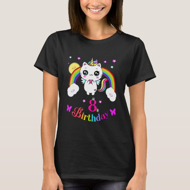 Caticorn 8th eight years Birthday Unicorn Cat Rain T-Shirt (Front)