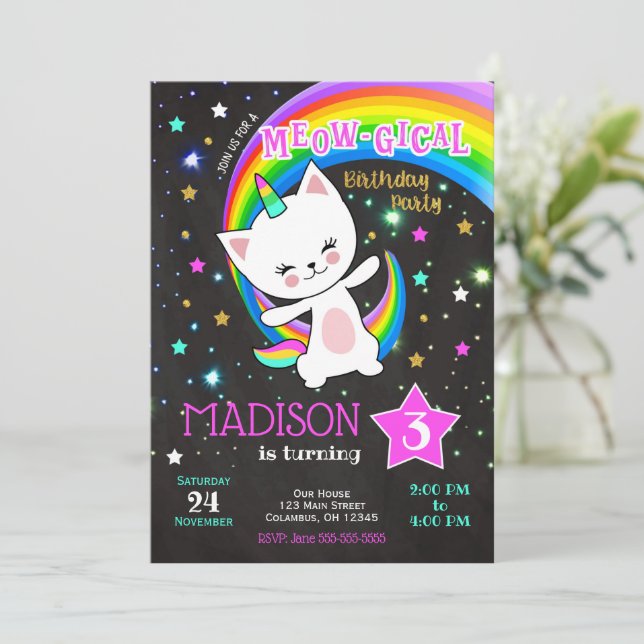 Caticorn Birthday Invitation, Cat Rainbow Invitation (Standing Front)