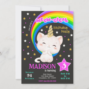 Caticorn Birthday Invitation, Cat Rainbow Invitation