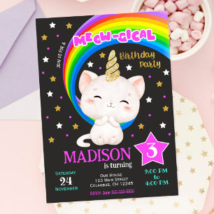 Caticorn Birthday Invitation, Cat Rainbow Invitation