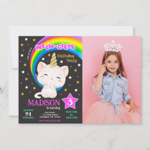 Caticorn Birthday Invitation, Cat Rainbow Photo Invitation