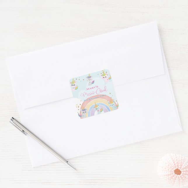 Caticorn Meow-Gical Birthday Square Sticker (Envelope)
