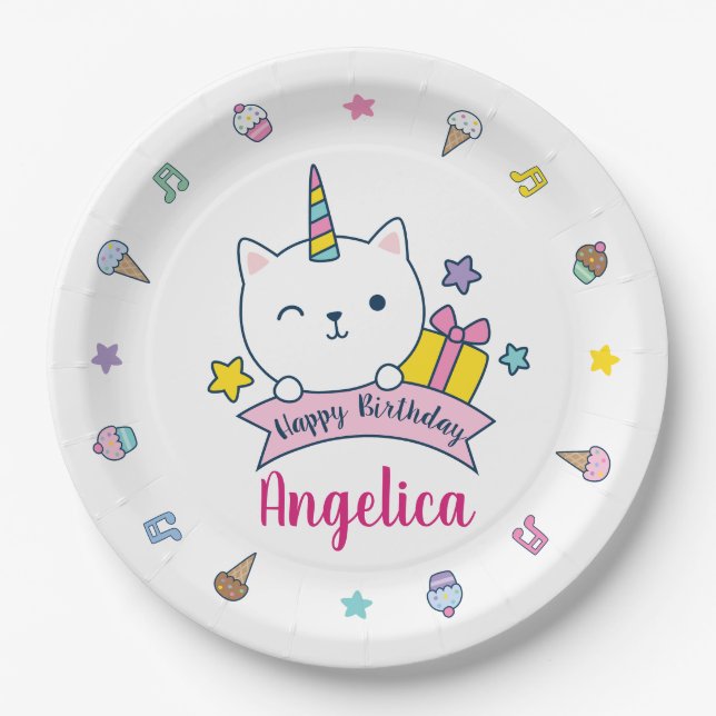 Caticorn Party | Paper Plate | White (Front)