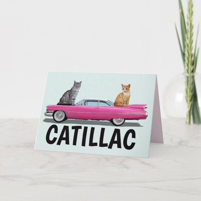 CATILLAC CAT PINK CLASSIC CAR BIRTHDAY CARDS (Front)