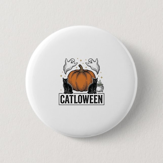 Catloween Black Cat Ghost Halloween Vector Design_ 2 Inch Round Button (Front)