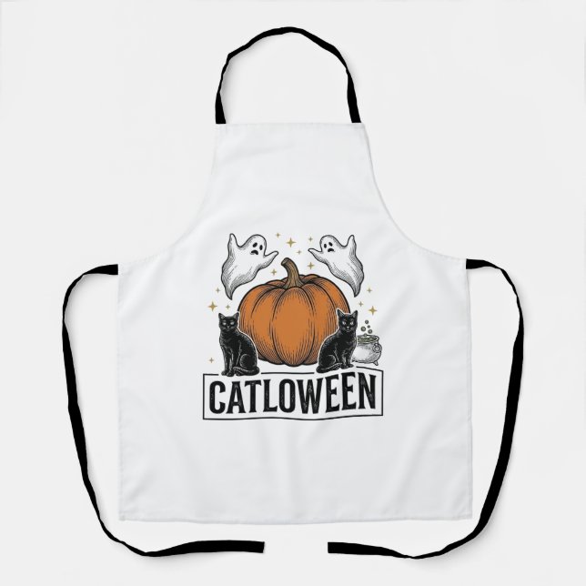 Catloween Black Cat Ghost Halloween Vector Design_ Apron (Front)
