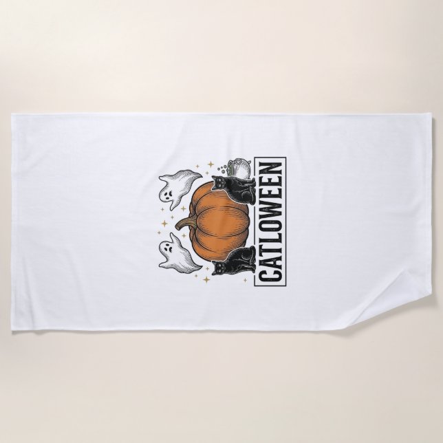 Catloween Black Cat Ghost Halloween Vector Design_ Beach Towel (Front)