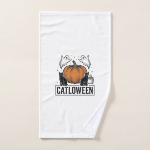Catloween Black Cat Ghost Halloween Vector Design_ Hand Towel