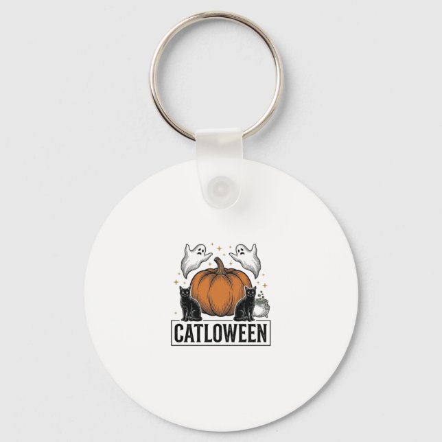Catloween Black Cat Ghost Halloween Vector Design_ Keychain (Front)