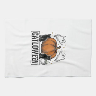 Catloween Black Cat Ghost Halloween Vector Design_ Kitchen Towel