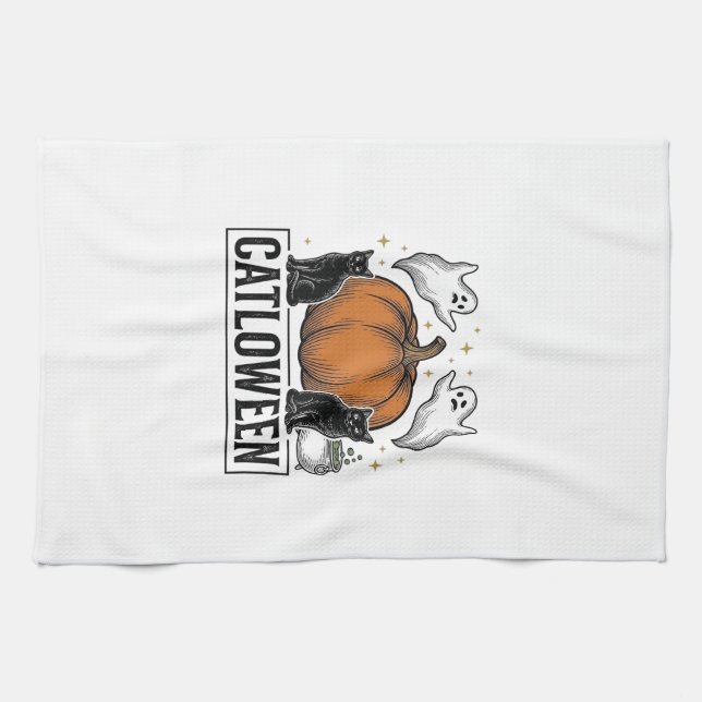 Catloween Black Cat Ghost Halloween Vector Design_ Kitchen Towel (Horizontal)