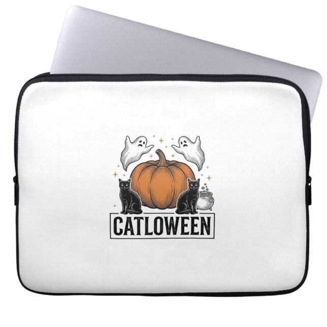 Catloween Black Cat Ghost Halloween Vector Design_ Laptop Sleeve (Front)