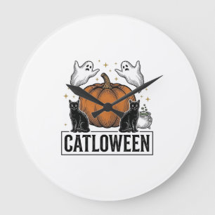 Catloween Black Cat Ghost Halloween Vector Design_ Large Clock