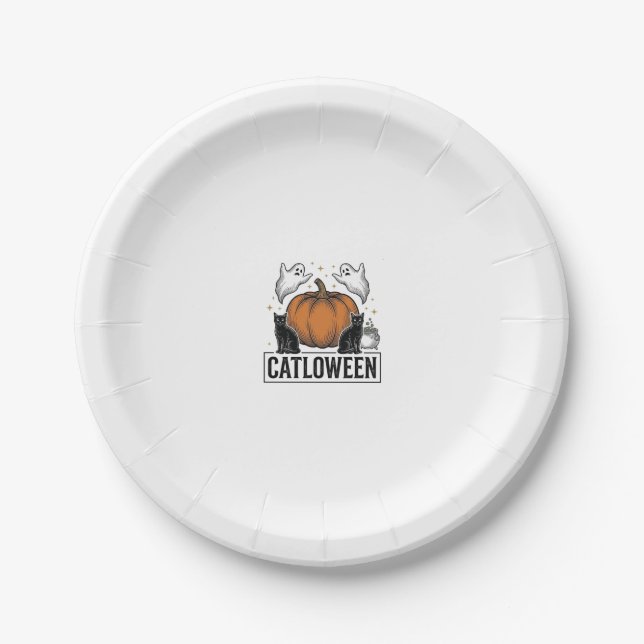 Catloween Black Cat Ghost Halloween Vector Design_ Paper Plate (Front)