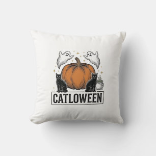 Catloween Black Cat Ghost Halloween Vector Design_ Throw Pillow