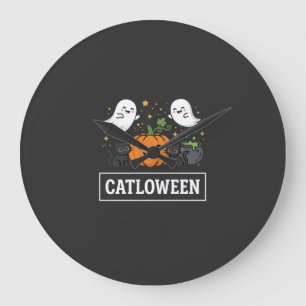 Catloween Cute Ghost Cat Halloween Design_1 Large Clock