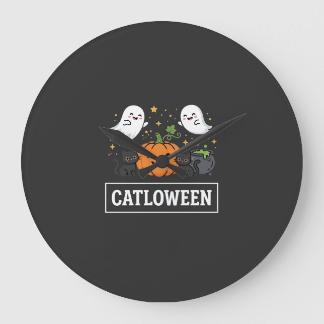 Catloween Cute Ghost Cat Halloween Design_1 Large Clock (Front)