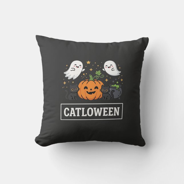 Catloween Cute Ghost Cat Halloween Design_1 Throw Pillow (Front)