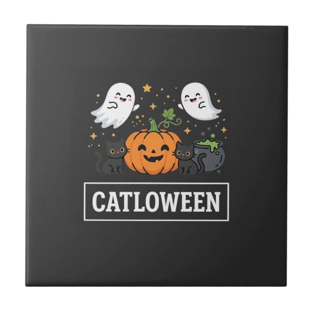Catloween Cute Ghost Cat Halloween Design_1 Tile (Front)