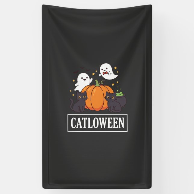 Catloween Funny Halloween Cat Ghost Pumpkin Design Banner (Vertical)