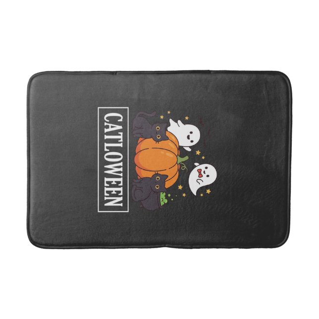 Catloween Funny Halloween Cat Ghost Pumpkin Design Bath Mat (Front)