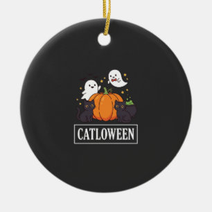 Catloween Funny Halloween Cat Ghost Pumpkin Design Ceramic Ornament