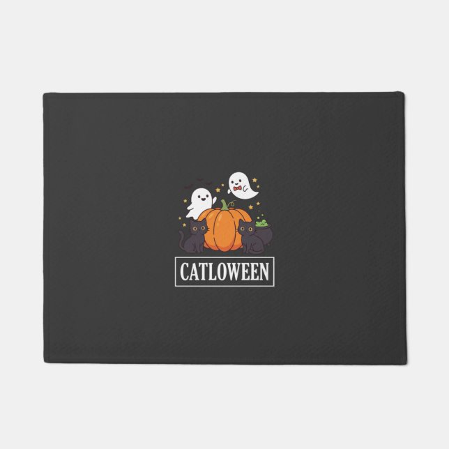 Catloween Funny Halloween Cat Ghost Pumpkin Design Doormat (Front)