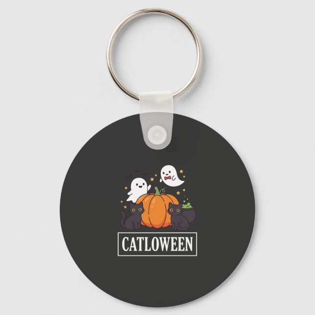 Catloween Funny Halloween Cat Ghost Pumpkin Design Keychain (Front)
