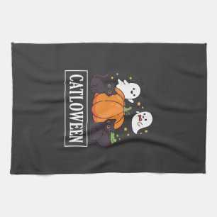 Catloween Funny Halloween Cat Ghost Pumpkin Design Kitchen Towel