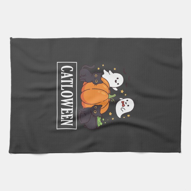 Catloween Funny Halloween Cat Ghost Pumpkin Design Kitchen Towel (Horizontal)