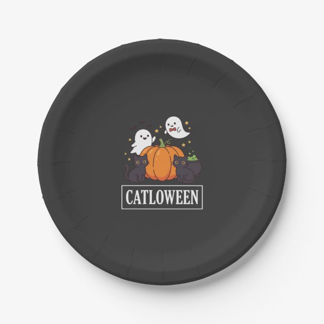 Catloween Funny Halloween Cat Ghost Pumpkin Design Paper Plate (Front)