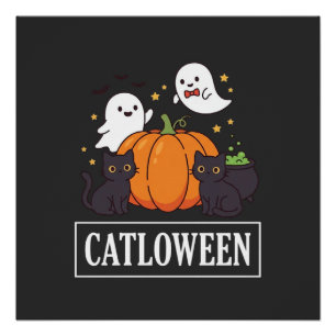 Catloween Funny Halloween Cat Ghost Pumpkin Design Poster