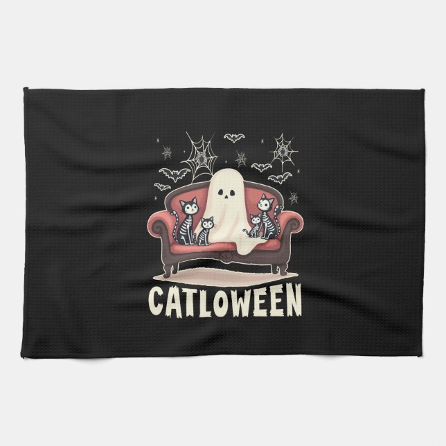 Catloween Ghost Halloween Kitchen Towel (Horizontal)