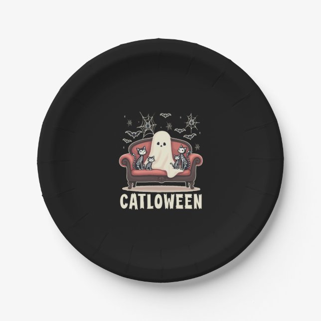 Catloween Ghost Halloween Paper Plate (Front)