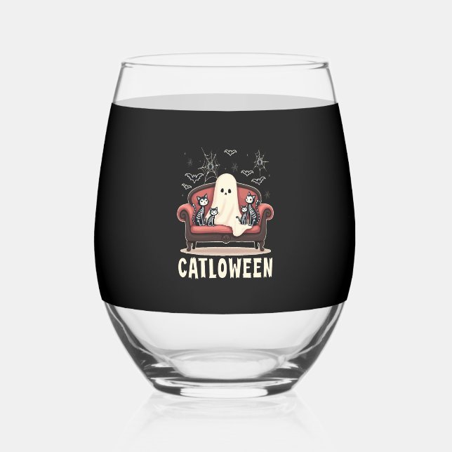 Catloween Ghost Halloween Stemless Wine Glass (Front)