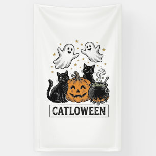 Catloween Vintage Ghost Cat Halloween Shirt Design Banner